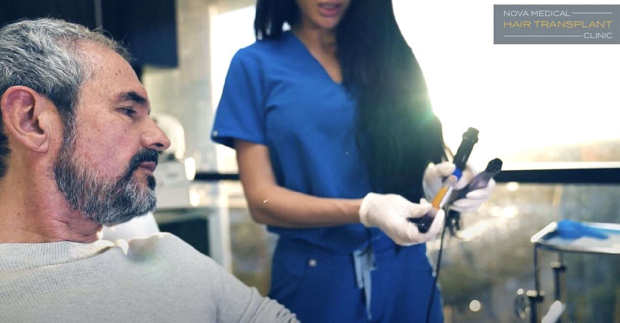 Patient preparing for a hair transplant with a Nova Medical Miami team member