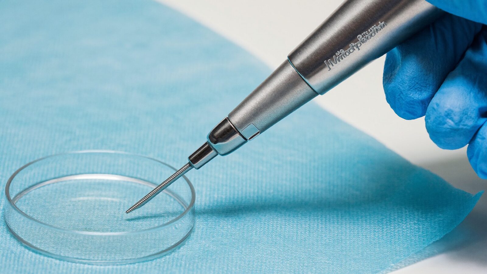 Close-up of gloved hands placing a single hair graft with fine forceps on a sterile blue tray, macro detail