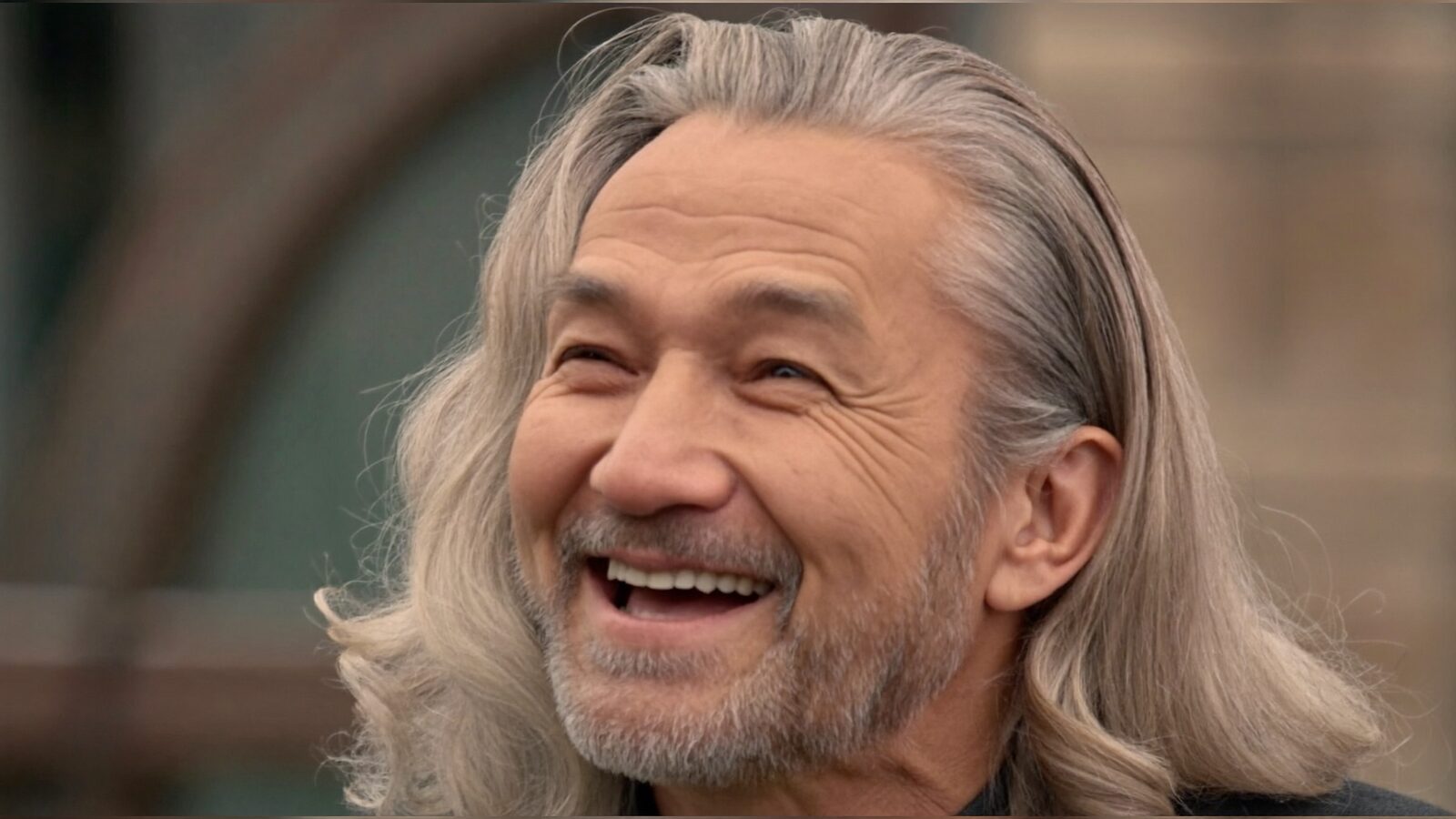 Man in his 60s with full, thick silver-gray hair smiling outdoors in warm natural light