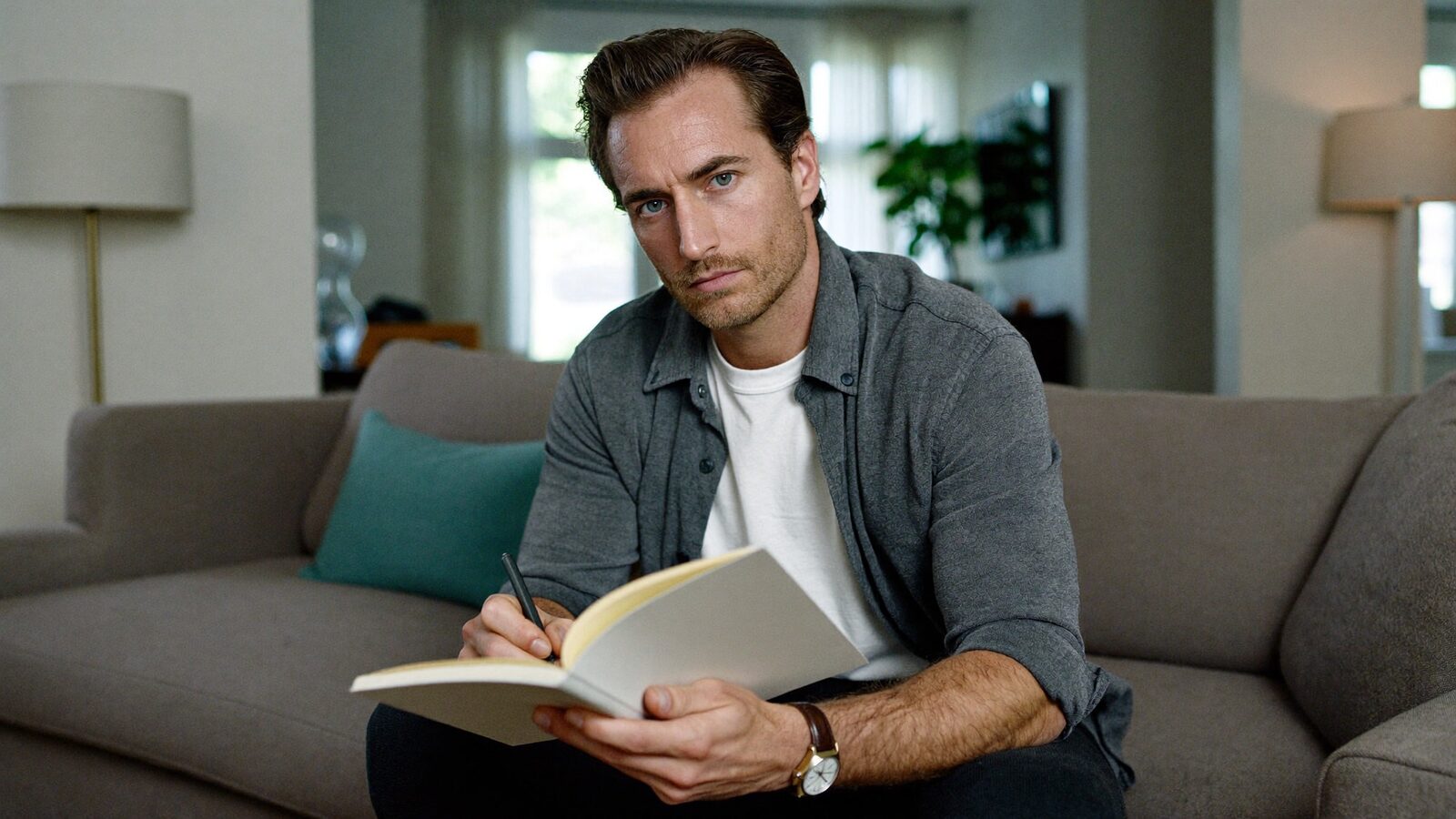 Man in his 40s with healthy, full hair sitting on a sofa writing notes in a notebook in a bright living room