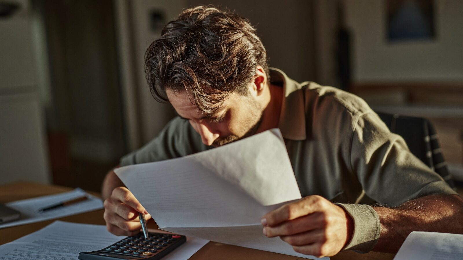 Man in his 40s reviewing paperwork with a calculator at a home desk in warm afternoon light