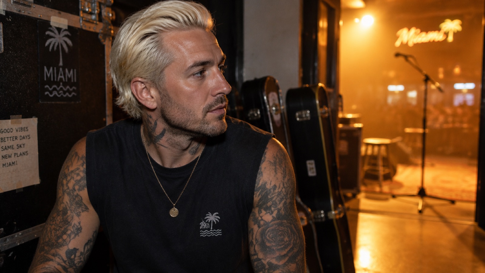 Man in his early 30s with bleached platinum-blond hair and a full natural hairline standing backstage at a small music venue in warm stage light