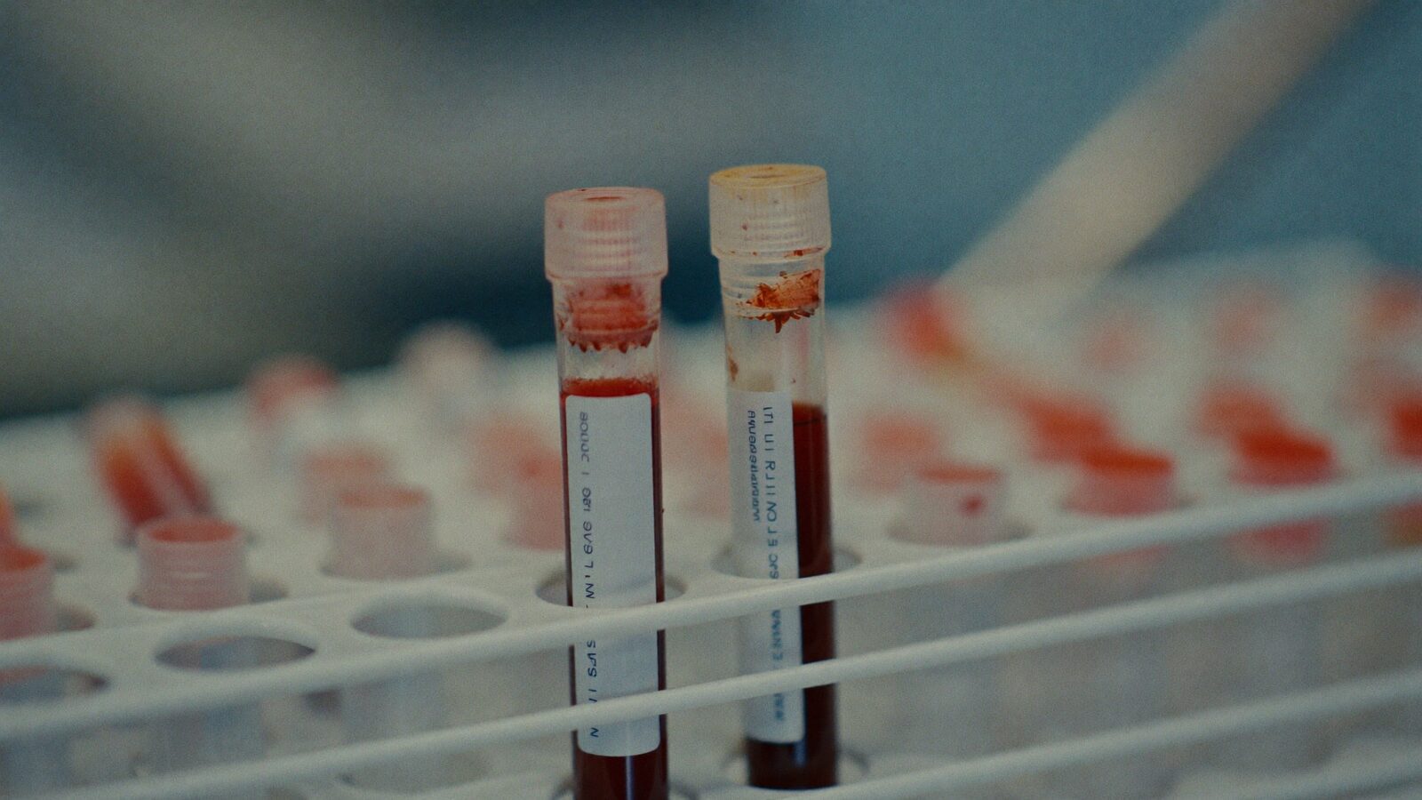 Close-up of two small sample tubes in a rack on a clean white lab bench in soft light