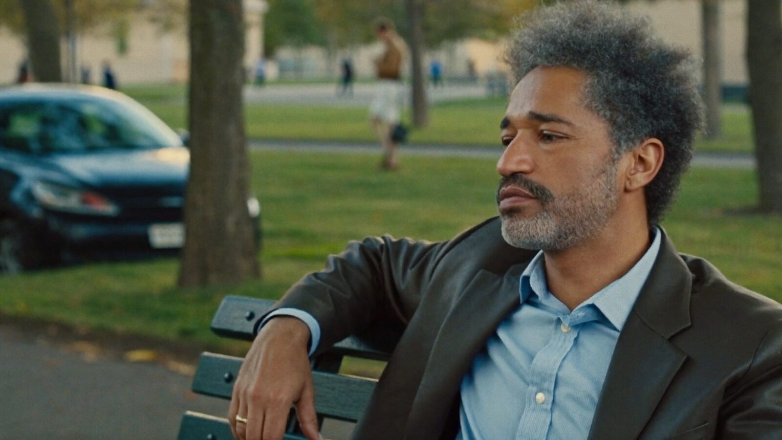 A man in his 50s with a full, natural hairline looking relaxed on a park bench in soft afternoon light